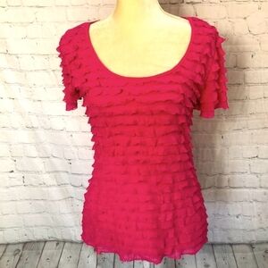 Very Important Pieces Vintage Fuchsia Pink Ruffled Layered Short Sleeve Blouse